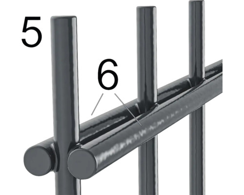 Detailaufnahme eines Metallgitters mit den Nummern 5 und 6.