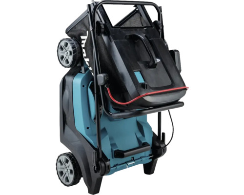 Zusammengeklappter Vertikutierer zur platzsparenden Aufbewahrung.