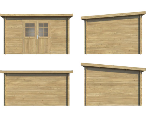 Mehransicht eines Holzgartenhauses mit Doppeltür
