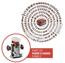 Einhell Oberfräse als Teil der Power X-Change Familie, dargestellt mit anderen Werkzeugen und einem Akku