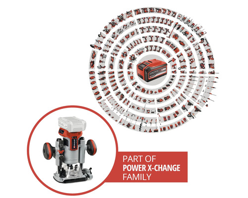 Einhell Oberfräse als Teil der Power X-Change Familie, dargestellt mit anderen Werkzeugen und einem Akku