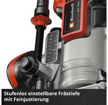 Detailansicht einer Einhell Oberfräse mit Tiefeneinstellung und Einhell Logo.