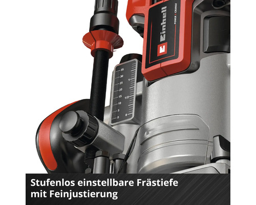 Detailansicht einer Einhell Oberfräse mit Tiefeneinstellung und Einhell Logo.