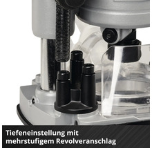 Detailaufnahme einer Oberfräse mit Tiefeneinstellung und mehrstufigem Revolveranschlag.