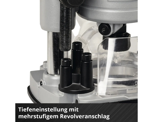 Detailaufnahme einer Oberfräse mit Tiefeneinstellung und mehrstufigem Revolveranschlag.