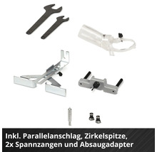 Zubehörset mit Parallelanschlag, Zirkelspitze, zwei Spannzangen und Absaugadapter