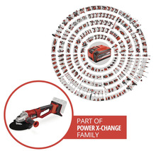 Einhell Akku-Winkelschleifer aus der Power X-Change Familie mit Akku und einer Auswahl weiterer Geräte.