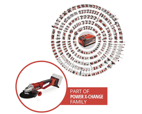 Einhell Akku-Winkelschleifer aus der Power X-Change Familie mit Akku und einer Auswahl weiterer Geräte.