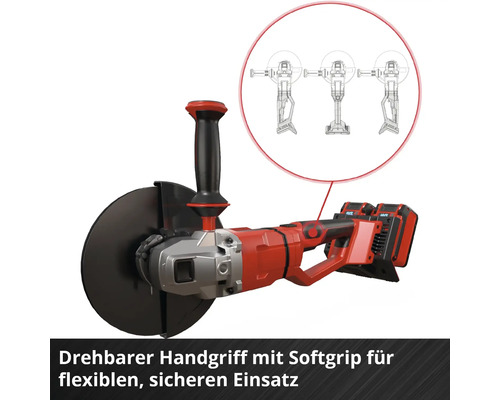 Akku Winkelschleifer mit drehbarem Handgriff und Softgriff für flexiblen und sicheren Einsatz