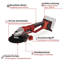 Einhell Akku-Winkelschleifer mit bürstenlosem Motor, 36 V Akku-Power und werkzeugloser Scheibenverstellung