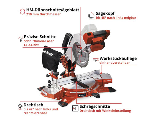 Kapp- und Gehrungssäge mit 210 Millimeter Durchmesser Sägeblatt, Werkstückauflage und bis zu 47 Grad drehbarem Drehtisch