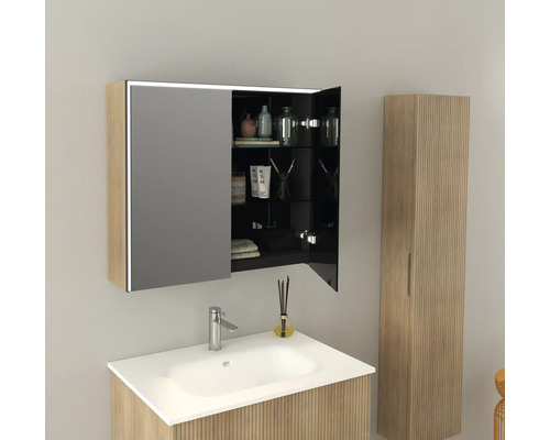 Badezimmer mit Waschtisch, Spiegelschrank und Hochschrank