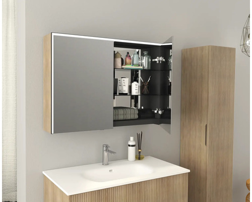 Badezimmer mit Waschbecken, Spiegelschrank und Hochschrank