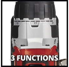 Nahaufnahme des Bohrfuttereinstellrings eines Akku-Bohrschraubers mit den Nummern 13, 17 und 21