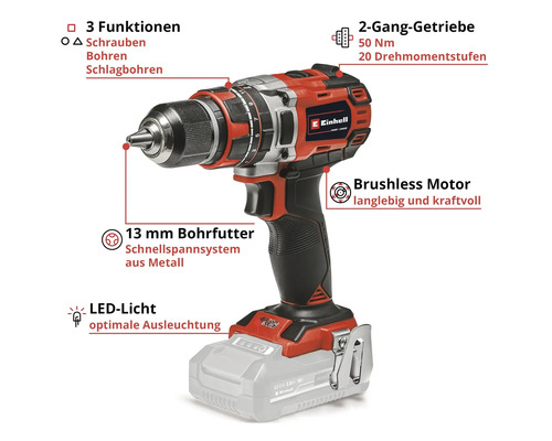 Einhell Akku-Schlagbohrschrauber mit drei Funktionen, 2-Gang-Getriebe, 13 Millimeter Bohrfutter, bürstenlosem Motor und LED-Licht