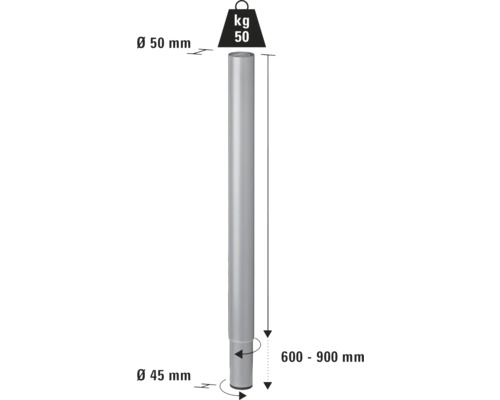 Technische Zeichnung eines Stützpfostens mit den Maßen 50 Millimeter Durchmesser oben, 45 Millimeter Durchmesser unten und 600 bis 900 Millimeter Länge.