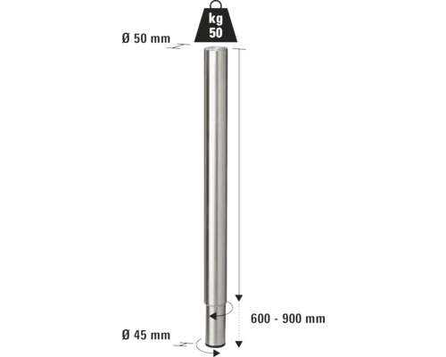 Verstellbares Tischbein aus Stahl mit den Maßen 600 bis 900 Millimeter und einer Traglast von 50 Kilogramm.