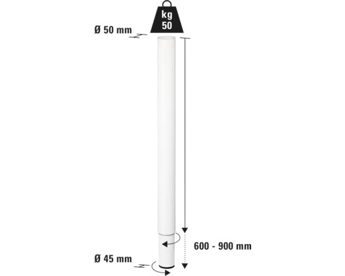 Technische Zeichnung einer Stütze mit einem Durchmesser von 50 Millimetern oben und 45 Millimetern unten sowie einer Höhe von 600 bis 900 Millimetern bei einer Belastbarkeit von 50 Kilogramm.