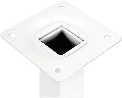 Detailansicht eines weißen Tischbeins mit quadratischer Montageplatte und Bohrlöchern