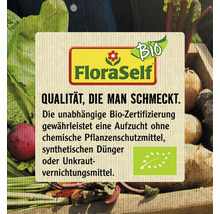 FloraSelf Logo mit Bio-Zertifizierung für Qualität ohne chemische Pflanzenschutzmittel, synthetischen Dünger oder Unkrautvernichtungsmittel.