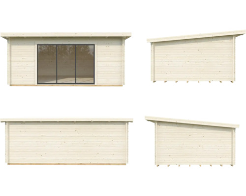 Ansichten eines Gartenhauses mit Pultdach und großer Fensterfront