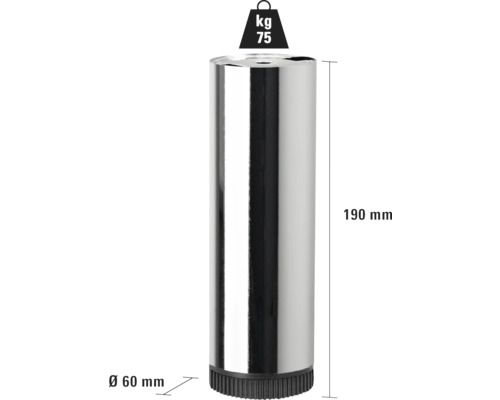 Möbelfuß aus Metall, 190 mm hoch, Durchmesser 60 mm, Tragkraft 75 kg