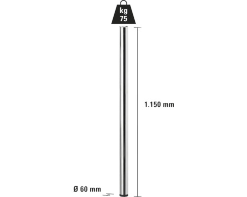 Abbildung einer Stützstange mit den Maßen 1150 mm Länge und 60 mm Durchmesser, maximale Belastbarkeit 75 kg.