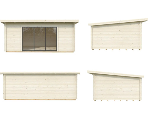 Ansichten eines Holzhauses mit Pultdach und Fensterfront