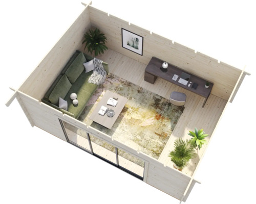 Innenansicht eines Gartenhauses mit Wohnbereich und Arbeitsbereich