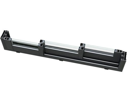 Querschnitt eines schwarzen Fensterrahmens mit Glas