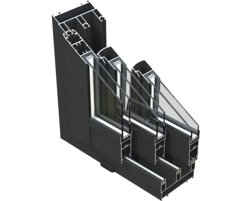 Querschnitt einer schwarzen Aluminiumfensterkonstruktion mit Dreifachverglasung