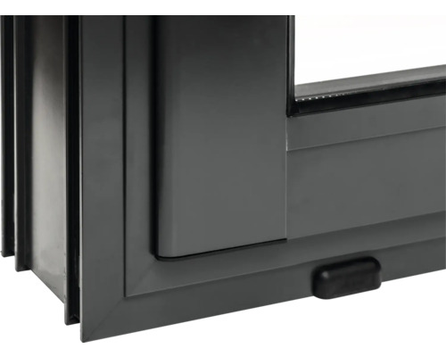 Detailansicht eines grauen Schiebefensters aus Kunststoff