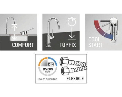Komfort-Spültischarmatur Eigenschaften: Komfort, Topfix, Kaltstart, flexible Schläuche