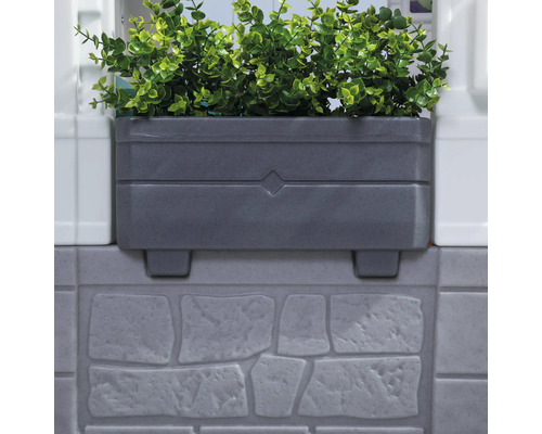Grauer Pflanzkasten mit grünen Pflanzen an einer Wand