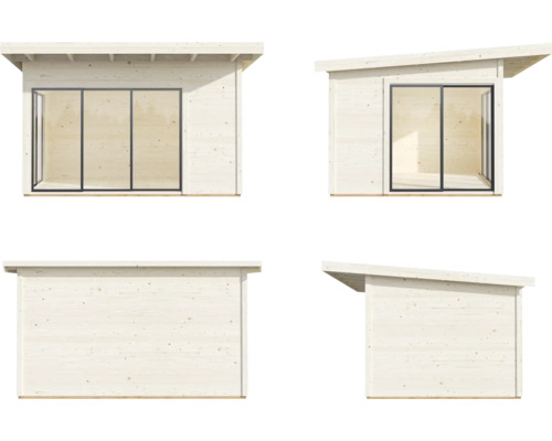 Gartenhaus mit Flachdach und Glasschiebetür in vier Ansichten