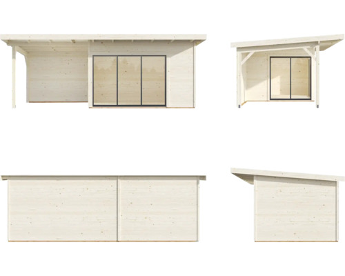 Mehrere Ansichten eines Holzgartenhauses mit Schiebetüren