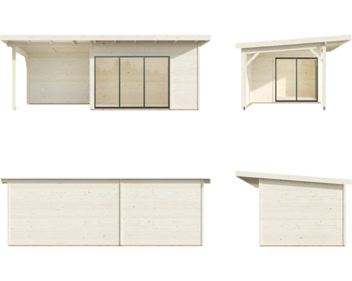 Illustration eines Gartenhauses mit Schiebetür aus Holz in verschiedenen Perspektiven