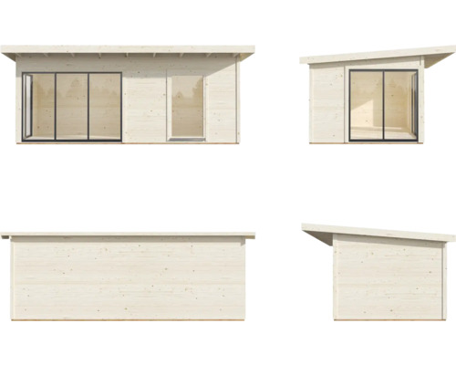 Gartenhaus aus Holz mit Fenster und Tür in verschiedenen Ansichten