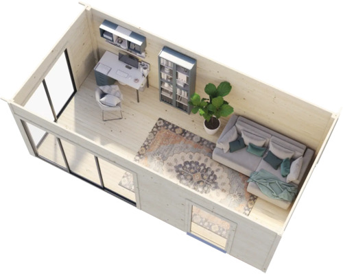 Innenansicht eines Gartenhauses mit Büroarbeitsplatz und Wohnbereich