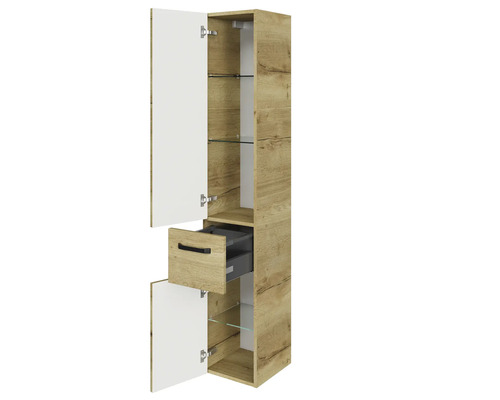 Badezimmer Hochschrank mit Schublade, offenen Türen und Glasböden