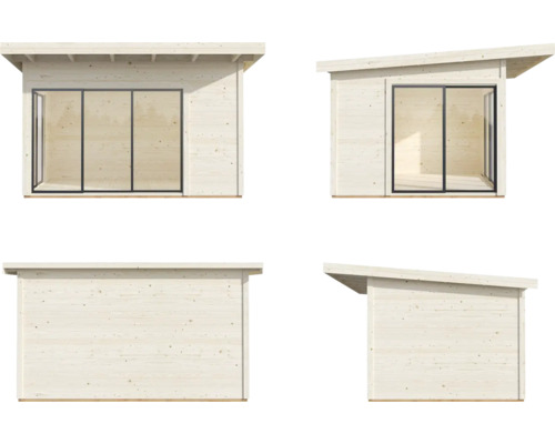 Ansichten eines Holzgartenhauses mit Flachdach und Schiebetür
