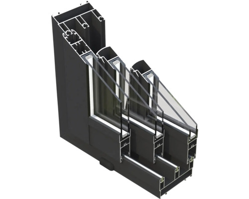 Fensterprofil mit Dreifachverglasung im Querschnitt