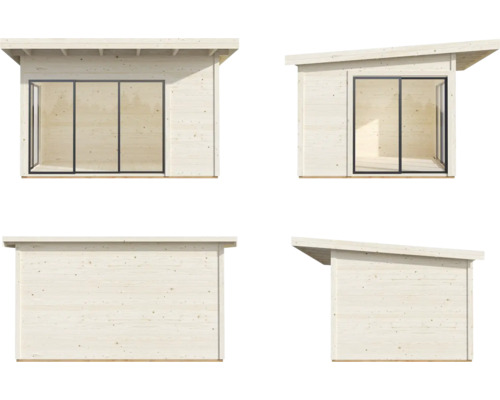 Ansichten eines Gartenhauses mit Flachdach und Schiebetür