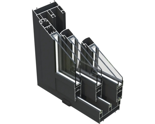Querschnitt eines Aluminiumfensterrahmens mit Dreifachverglasung