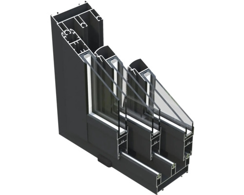 Querschnitt eines Aluminiumfensters mit Mehrfachverglasung zur Darstellung des Aufbaus.