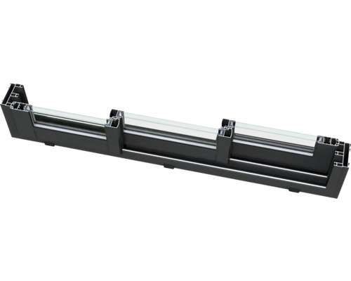 Querschnitt eines schwarzen Fensterrahmens mit Glas