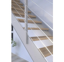 Detailansicht einer Treppe mit Holzstufen und Edelstahlgeländer