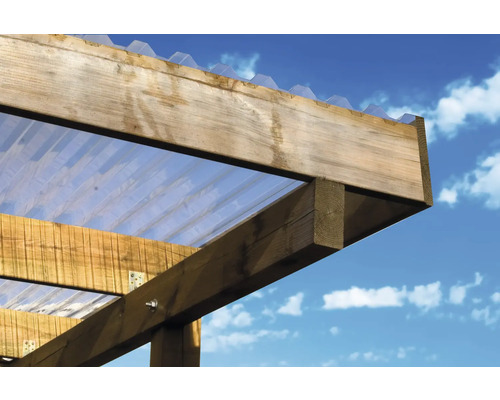 Holzkonstruktion mit transparenter Wellplatte als Dach