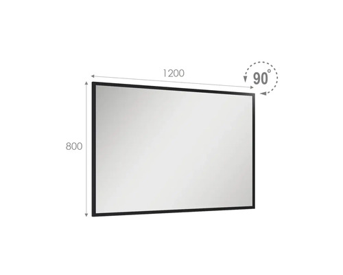 Rechteckiger Spiegel mit den Maßen 1200 mal 800 und einem Winkel von 90 Grad.