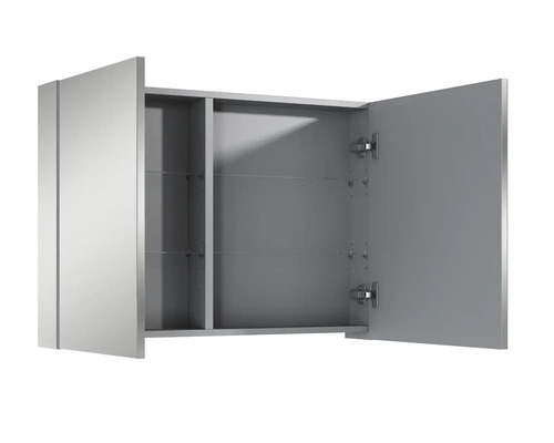 Geöffneter Spiegelschrank mit Glasböden für das Badezimmer